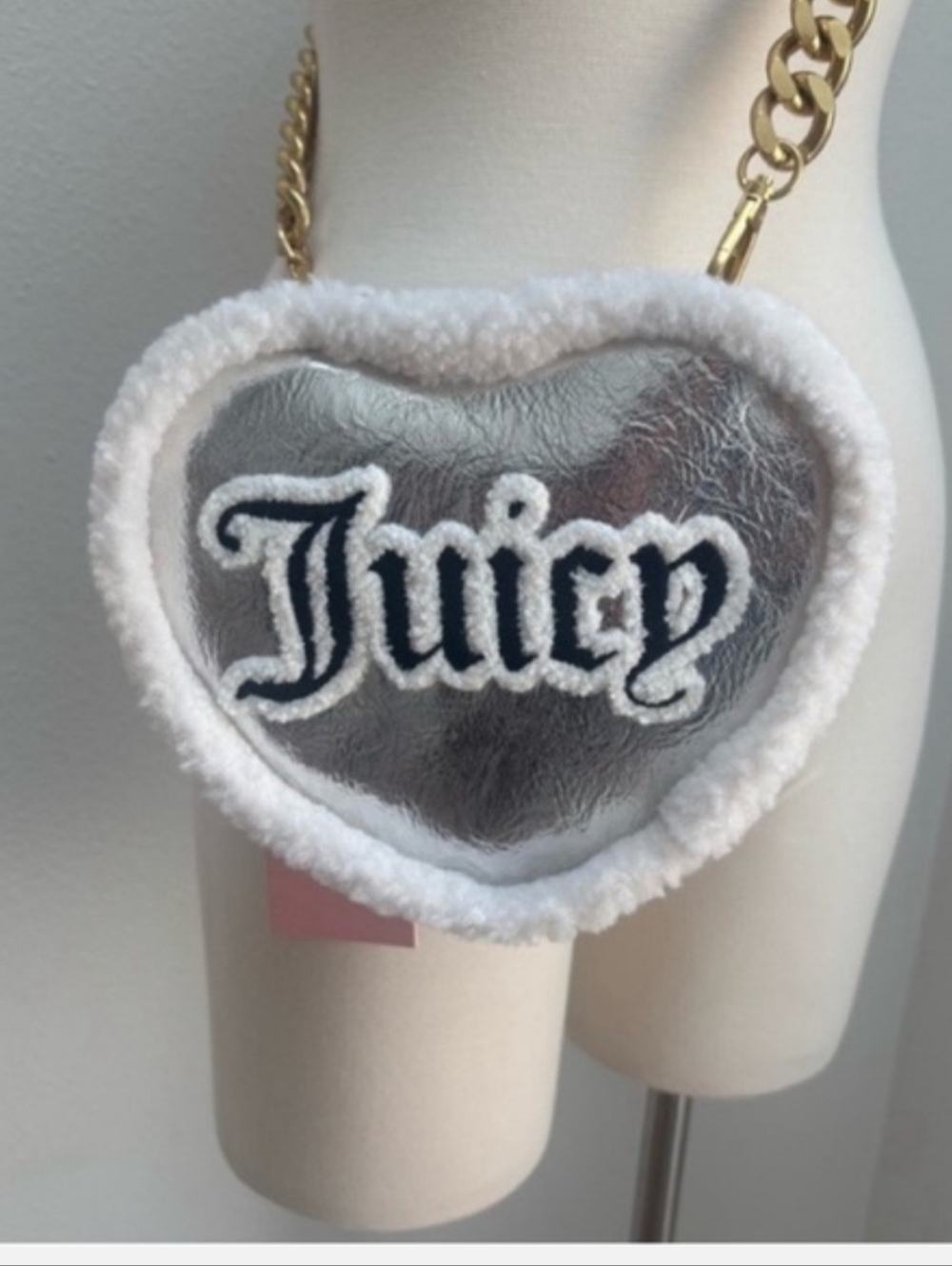 Juicy Couture Silver Heart Crossbody with White Sherpa Trim NWT